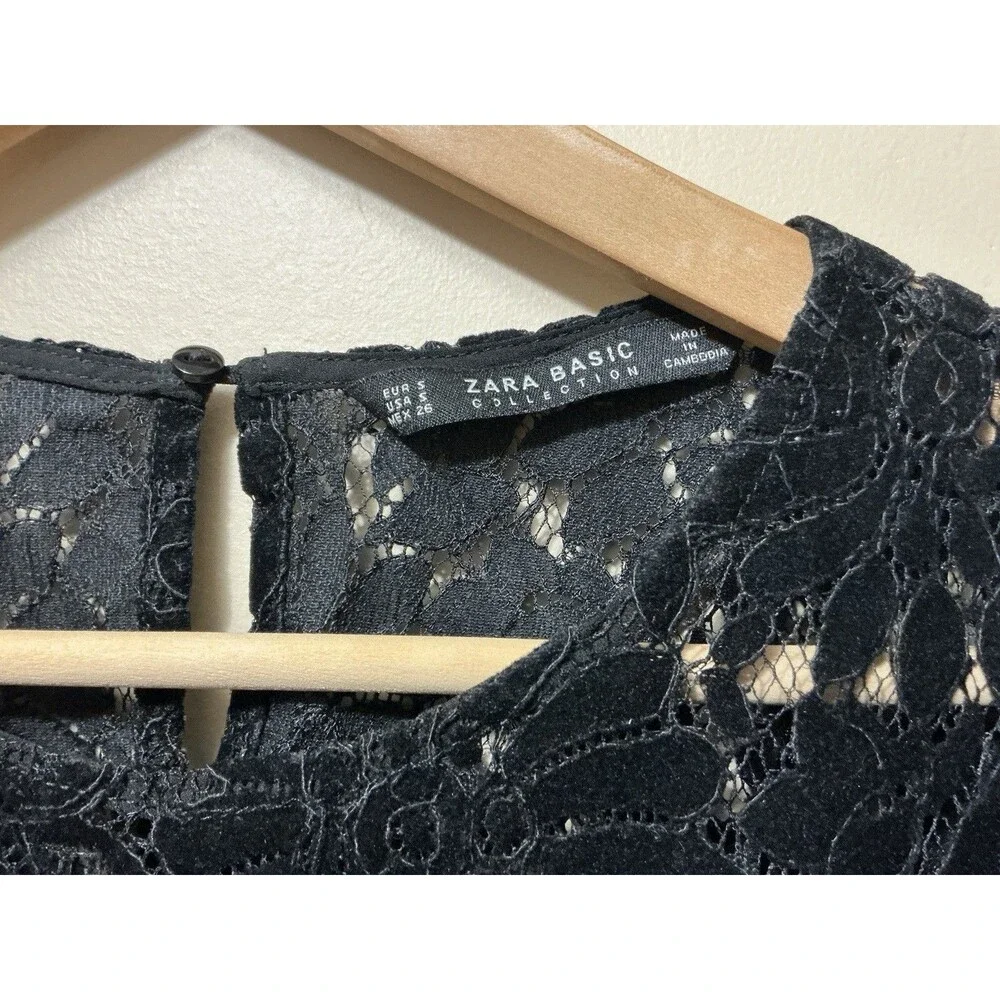 Zara Basic Womens Floral Lace Sheer Top Sm Black Velvet Keyhole Back Whimsygoth